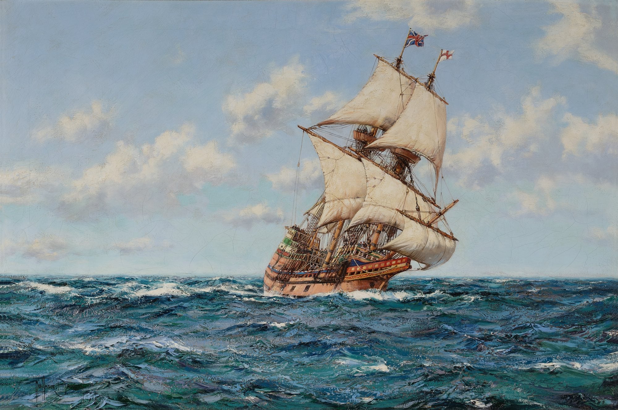 The Mayflower II under full sail on a deep teal sea, her white sails filled by the wind and flags flying at the mastheads, beneath a bright blue sky with white cumulus clouds.