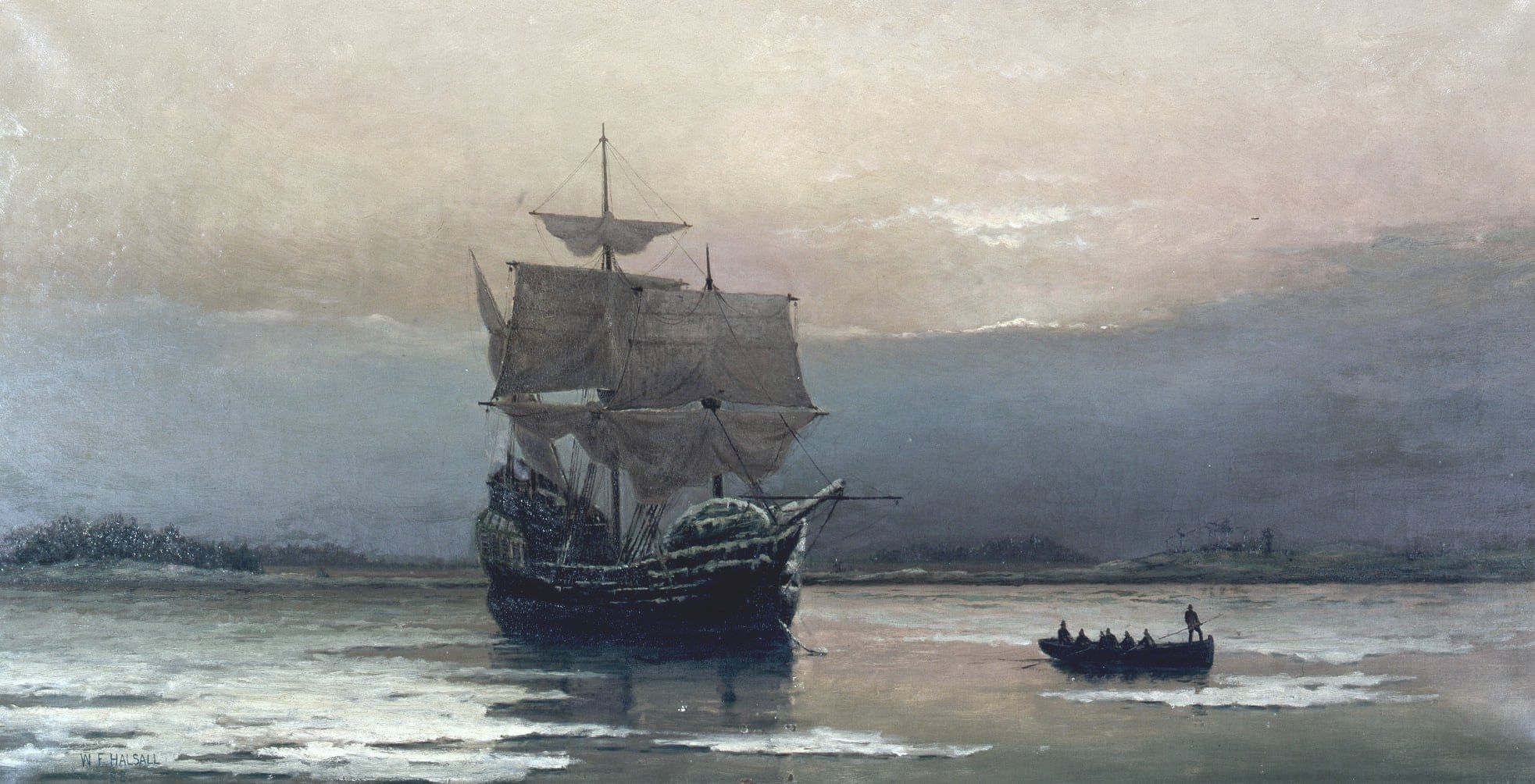 The Mayflower at anchor in Plymouth Harbor at dusk, sails slack, while a rowboat of men pulls away across the water.